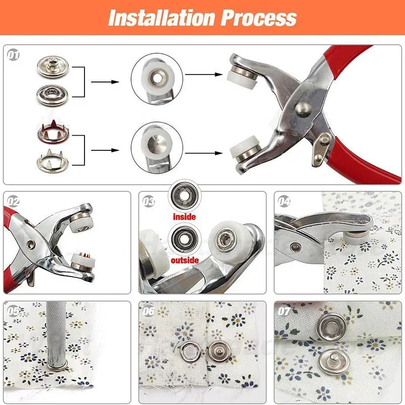 Installation process showing pliers and a metal snap button kit for DIY sewing projects