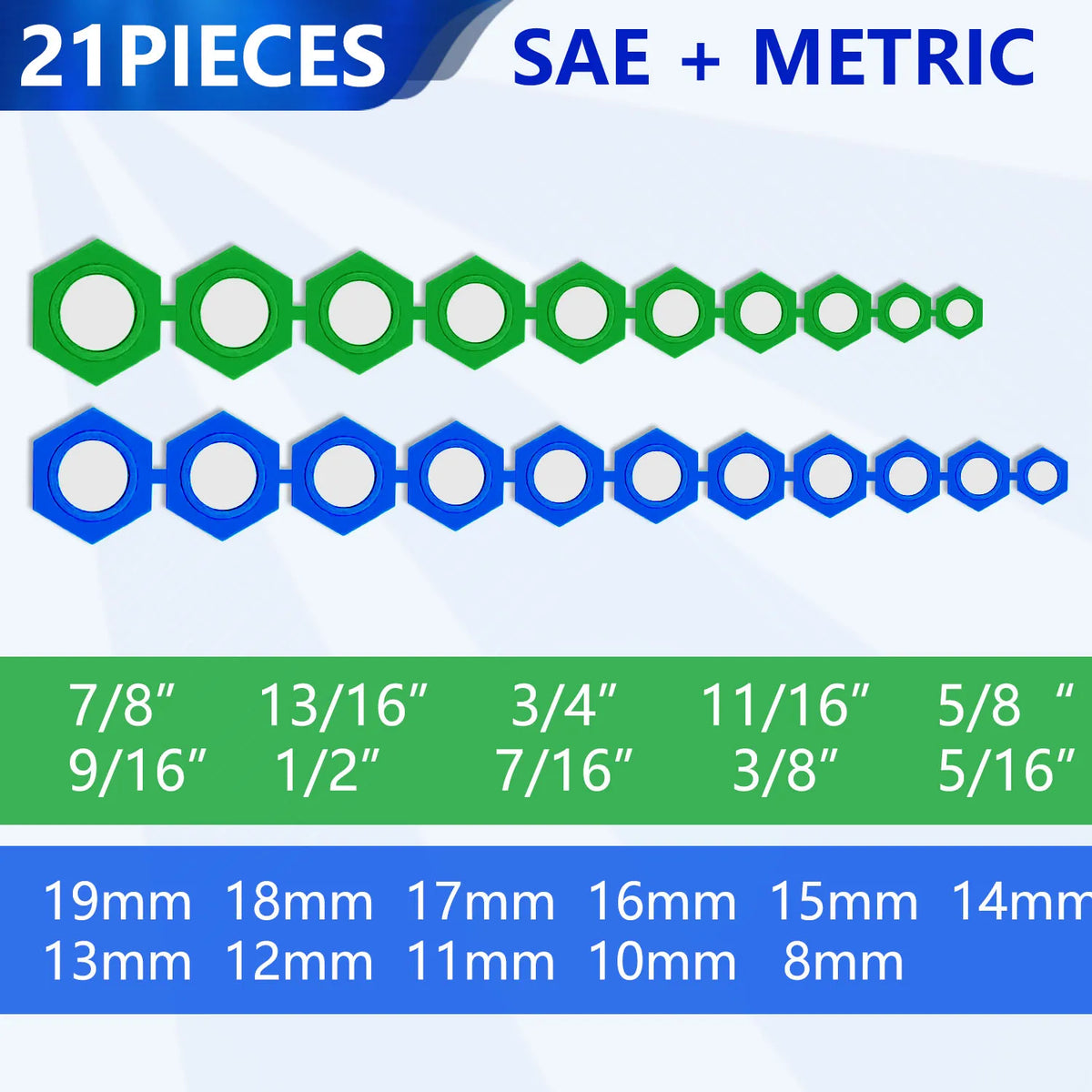 A set of 21 magnetic sockets, including SAE and metric sizes, with color-coded hexagonal heads.