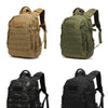 A set of three tactical backpacks in tan, olive green, and black featuring MOLLE systems for hiking and travel.