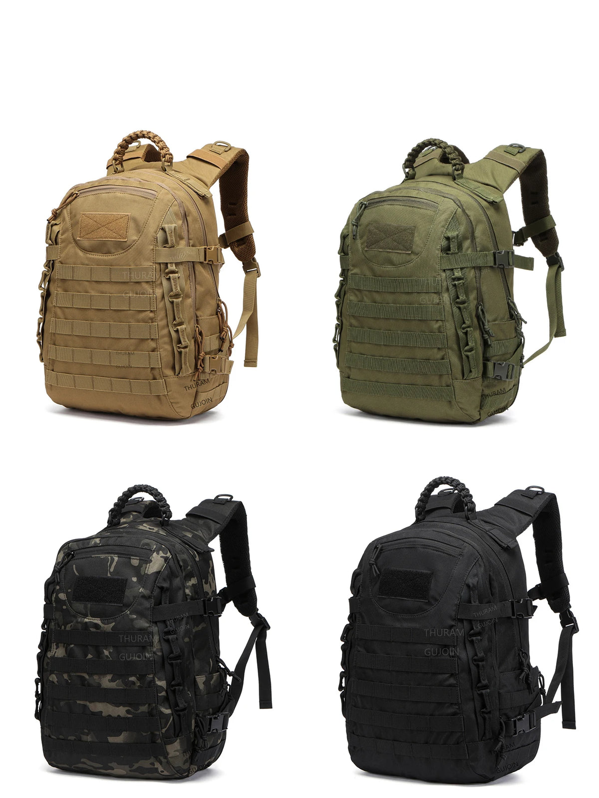 A set of three tactical backpacks in tan, olive green, and black featuring MOLLE systems for hiking and travel.