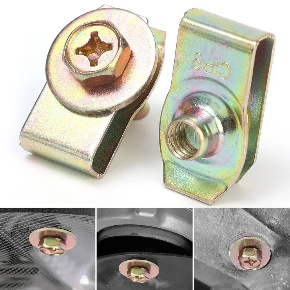 A close-up view of a self-tapping fastener for automotive use, showing the metal component and its application.