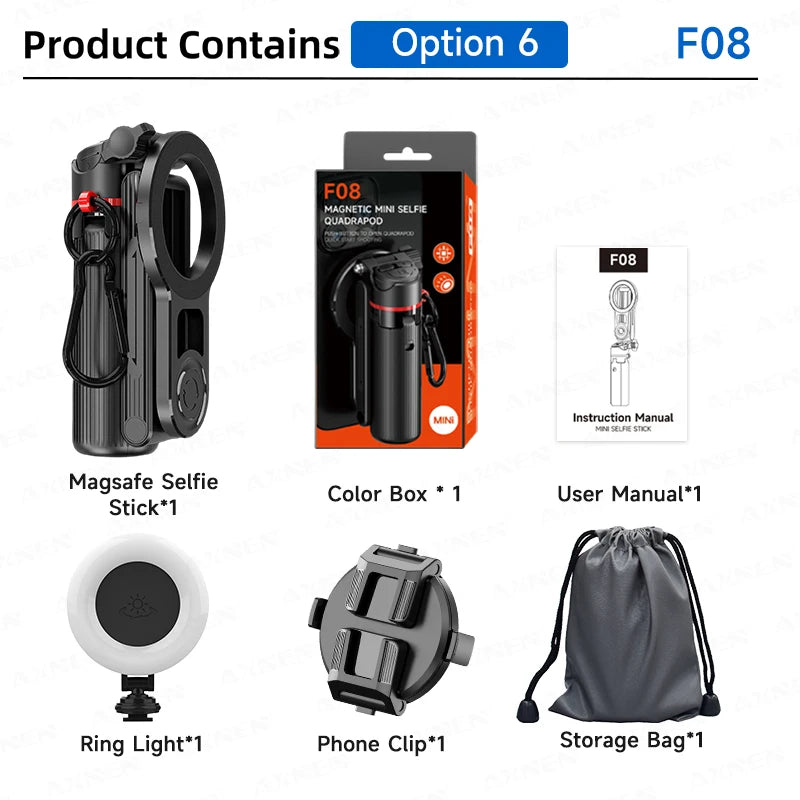 Magnetic selfie stick tripod with fill light and storage bag for smartphone vlogging