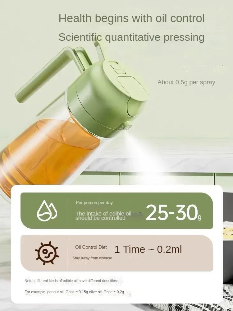 A green oil spray bottle is shown dispensing oil, with text promoting health benefits and dosage information.