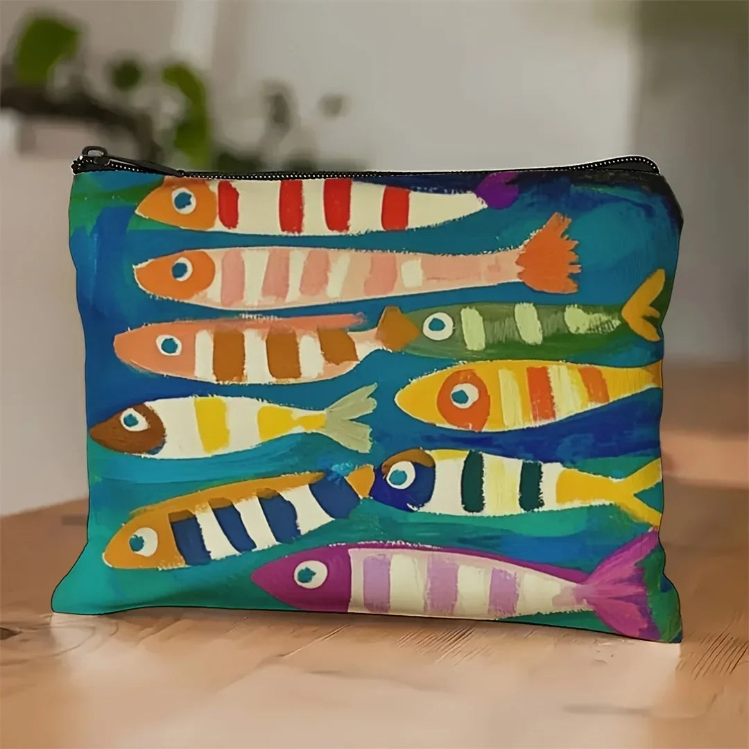 A cosmetic bag featuring a vintage sardine print design with various fish colors on a blue background.