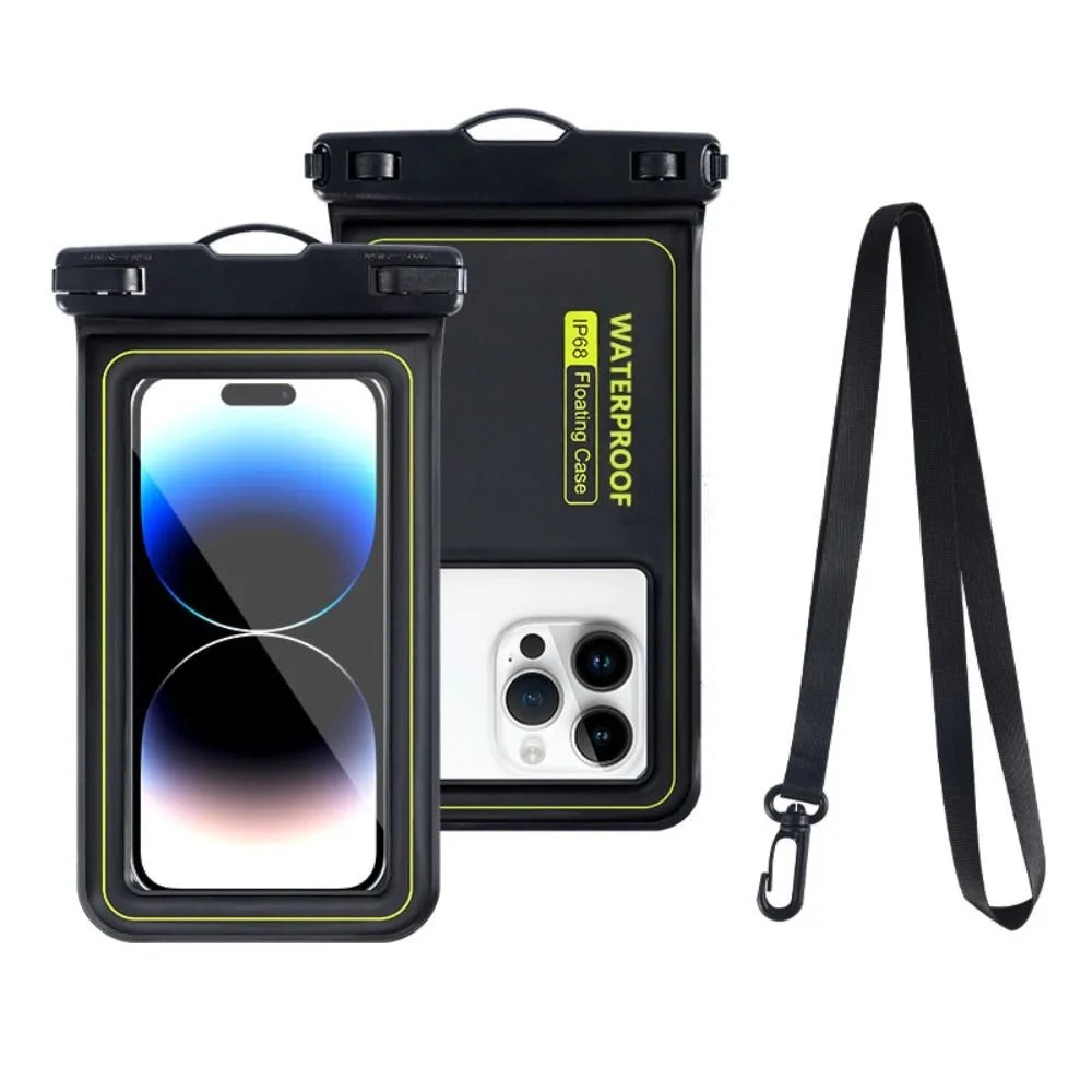 A black waterproof floating phone case with a detachable strap is shown in a vertical orientation.