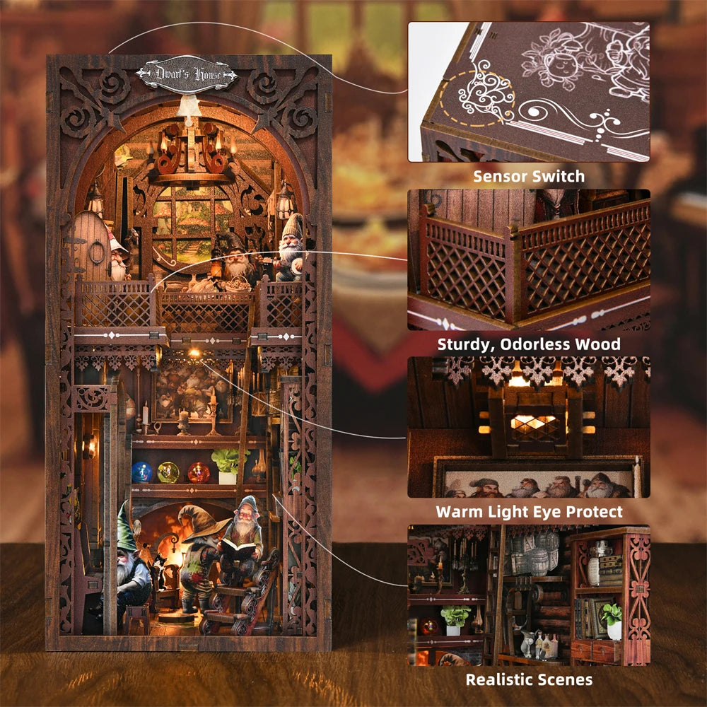 A wooden book nook kit featuring realistic scenes, a sensor switch, sturdy wood, and warm light eye protection.