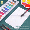 A set of watercolor paints in a tin box with various colors and brushes displayed on white paper.