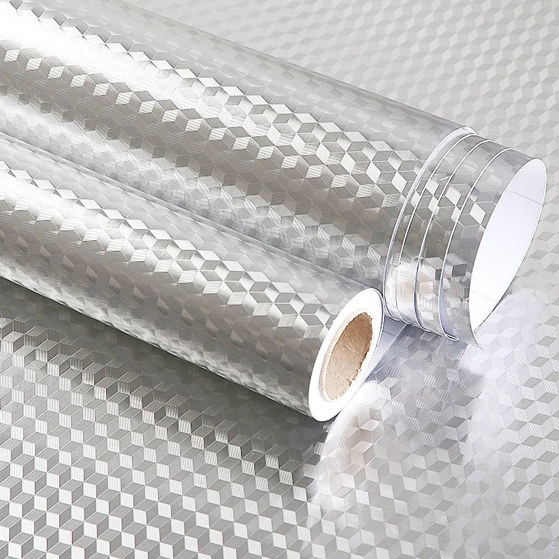 Roll of silver aluminum foil kitchen backsplash sticker with a clear plastic sleeve