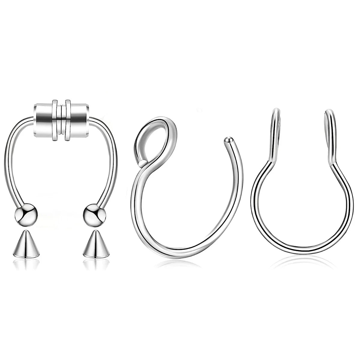 Un ensemble de anneaux septums magnétiques en argent avec différents styles de anneaux et barres.