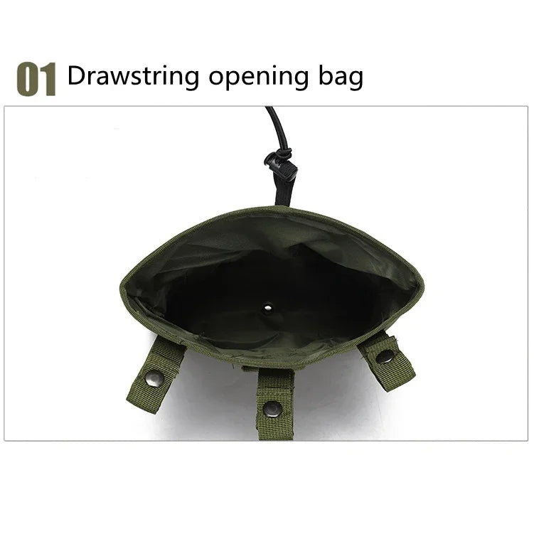 A dark olive green drawstring opening bag for tactical gear.