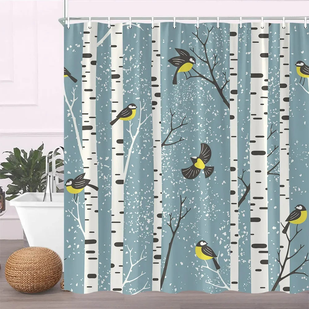 A fabric shower curtain featuring a geometric pattern of black and white birch trees and yellow birds on a teal background.