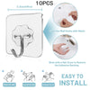 A set of 10 clear adhesive hooks for hanging items on walls and surfaces, shown with installation steps.