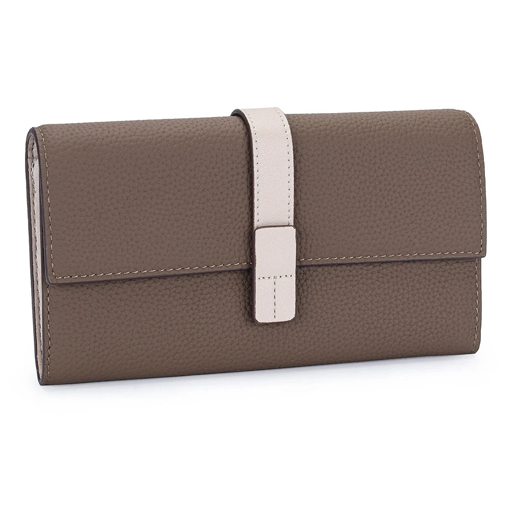 A brown women's cowhide leather bifold wallet with card slots and a coin pocket.