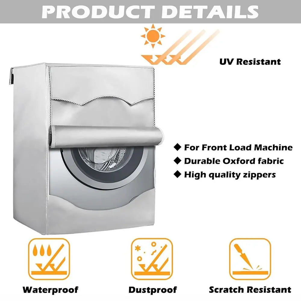 Silver washing machine cover with roll edge design showing UV resistant and waterproof features