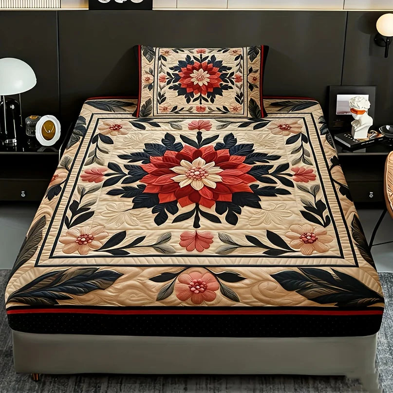 Floral gothic fitted sheet set featuring a cream and red floral pattern with dark accents.