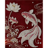 A detailed painting of a fish made from various strands of pearls on a dark red background.