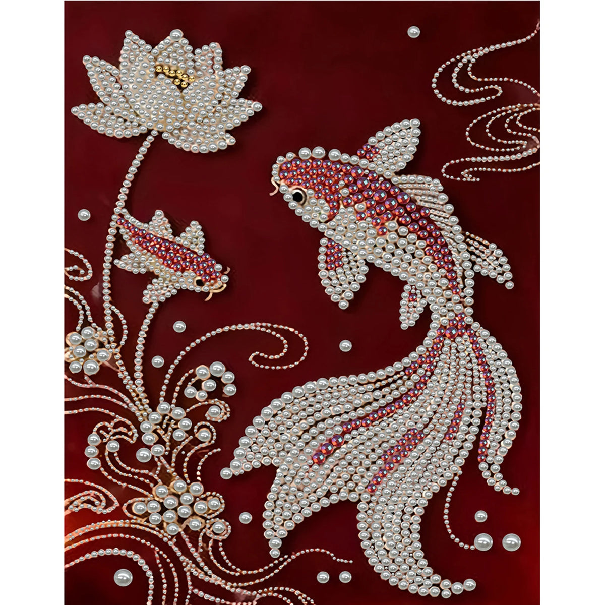 A detailed painting of a fish made from various strands of pearls on a dark red background.