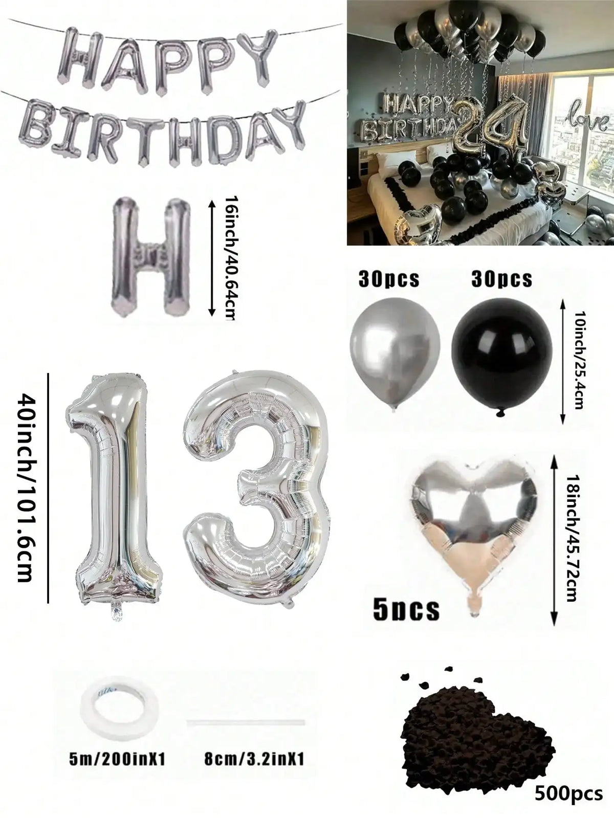 A kit for creating a balloon garland featuring silver and black foil numbers and balloons.