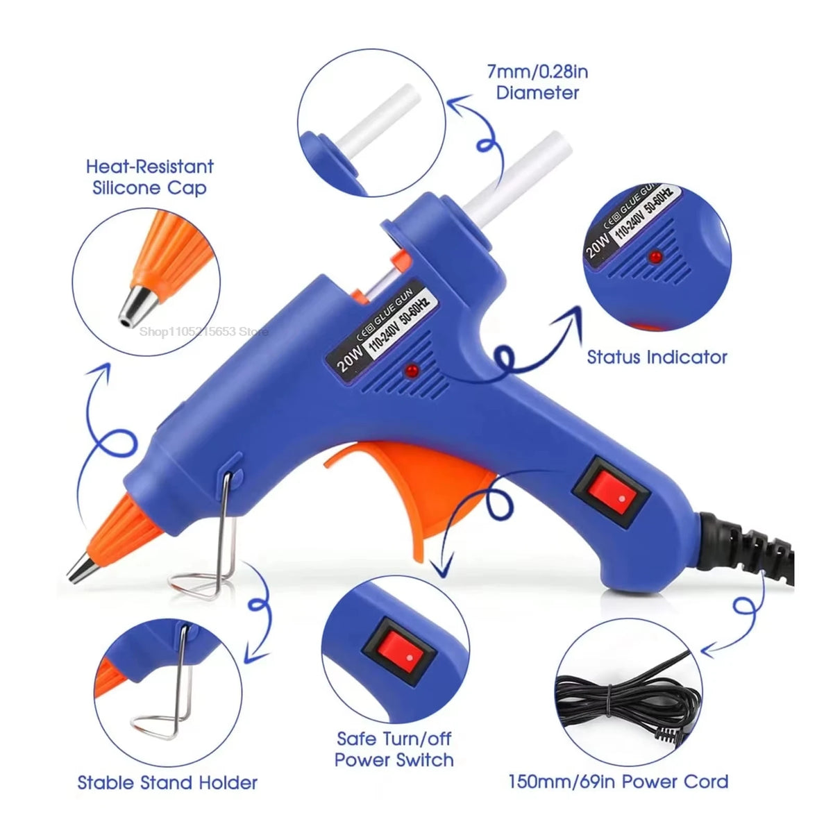 Blue 20W hot melt glue gun with a stand holder and power cord shown in various angles.