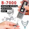 A bottle of B-7000 jewelry sticking drill hand glue is shown with various finished jewelry pieces.