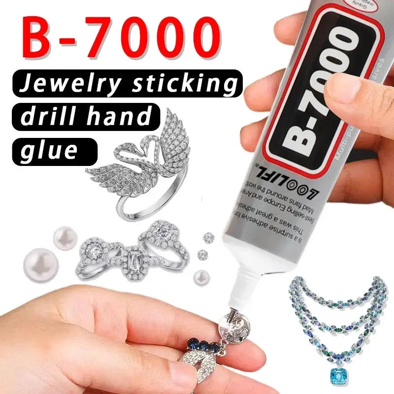A bottle of B-7000 jewelry sticking drill hand glue is shown with various finished jewelry pieces.
