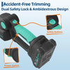 Close-up view of an accident-free trimming tool showing safety buttons and a power switch on the device.