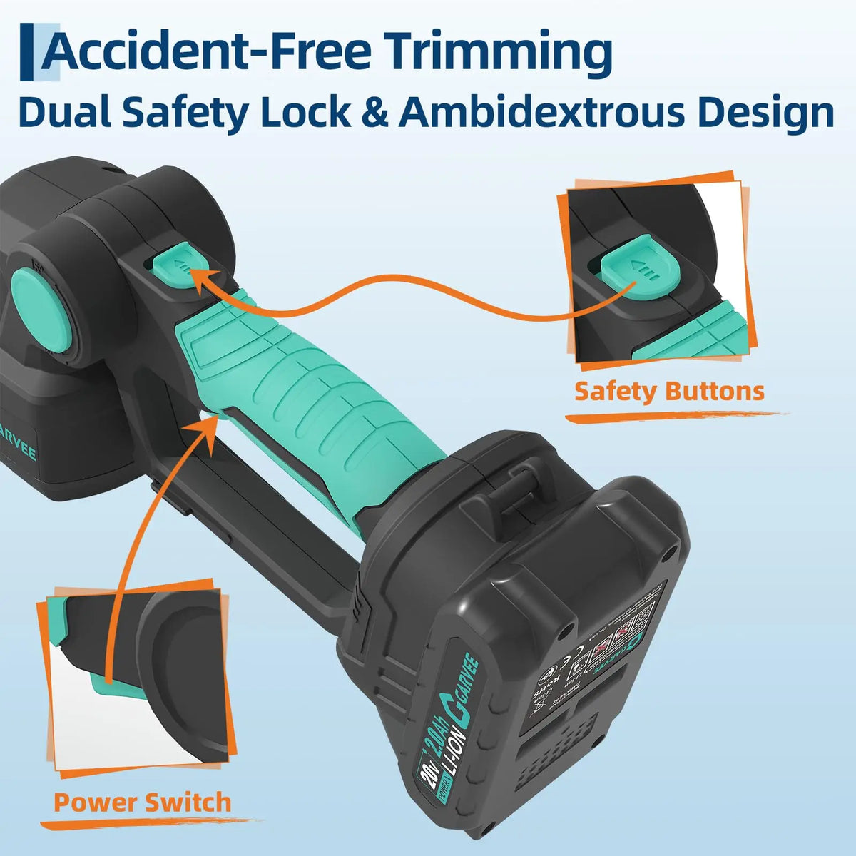 Close-up view of an accident-free trimming tool showing safety buttons and a power switch on the device.