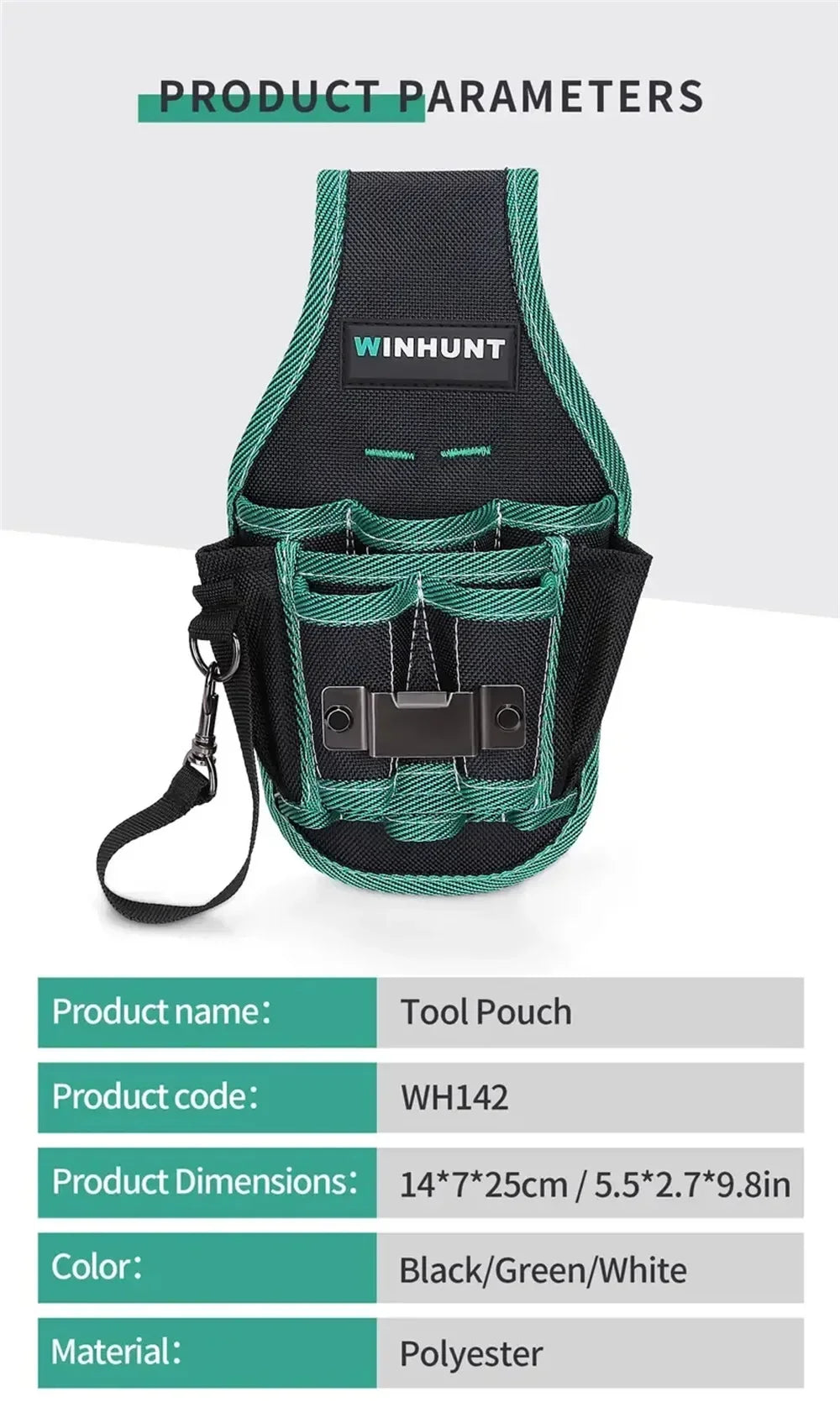 A black tool pouch with a green strap and white accents is shown against a light background.