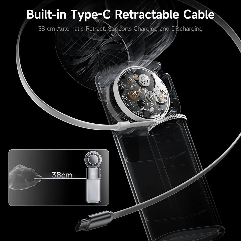 A close-up view of a built-in Type-C retractable cable on a portable ice-cooling fan.