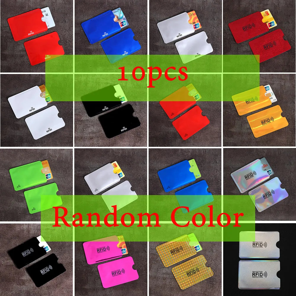 A collection of ten RFID blocking card sleeves in various colors including red, blue, green, yellow, and black.