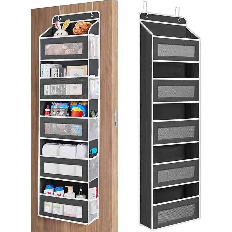 A tall, black over-the-door hanging organizer with five mesh pockets for storage.