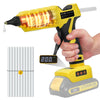 A hand holds a yellow cordless hot melt glue gun with an LCD temperature display, next to a bundle of glue sticks.