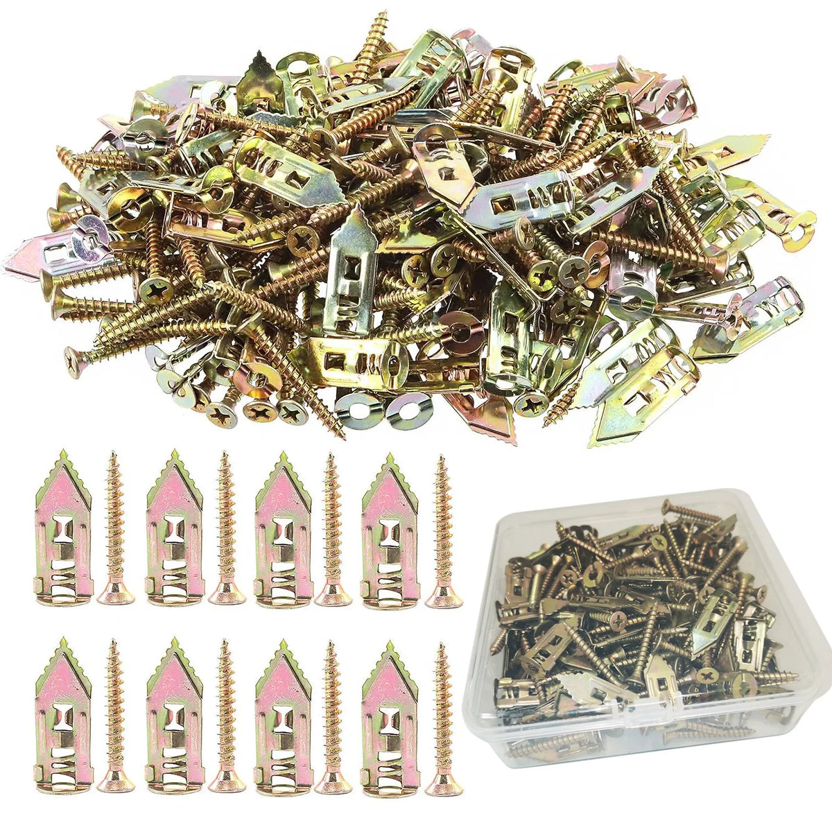 A pile of self-drilling drywall anchors and screws in various sizes and finishes.