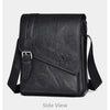 Side view of a black PU leather messenger bag for men with an adjustable strap.