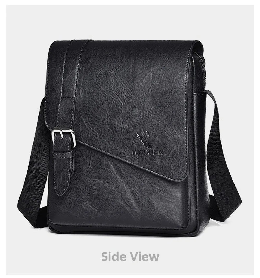Side view of a black PU leather messenger bag for men with an adjustable strap.