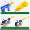 A blue and yellow air-powered soft dart gun used for a duck shooting target game.
