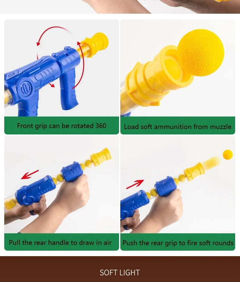 A blue and yellow air-powered soft dart gun used for a duck shooting target game.
