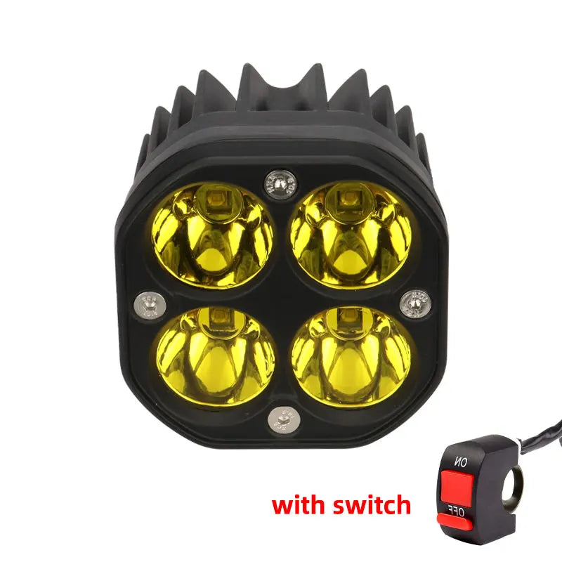 Black LED spotlight with a switch, featuring four yellow floodlights for trucks and off-road vehicles.