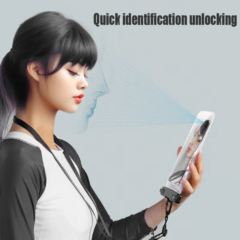 A woman is using a universal waterproof phone pouch with a lanyard for quick identification unlocking.