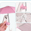 A pink UV-blocking phone sunshade with an adjustable suction cup stand is shown in various angles.