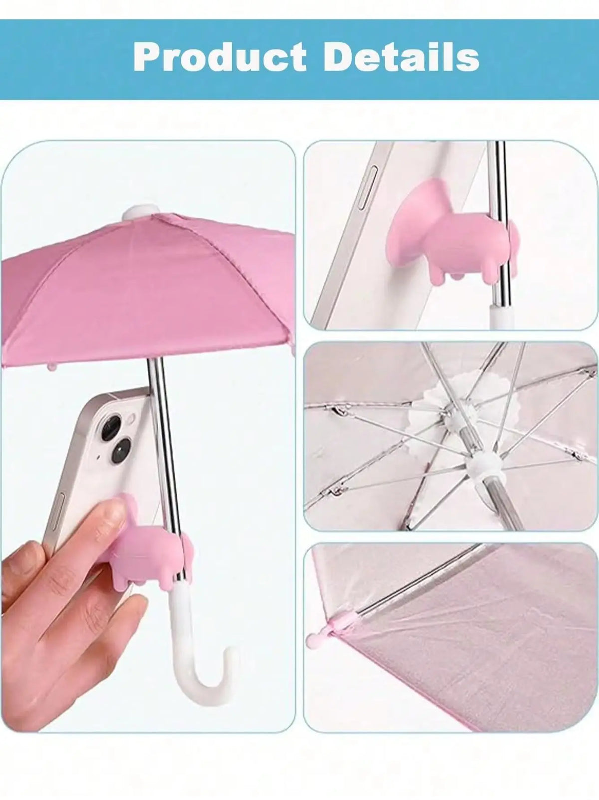 A pink UV-blocking phone sunshade with an adjustable suction cup stand is shown in various angles.