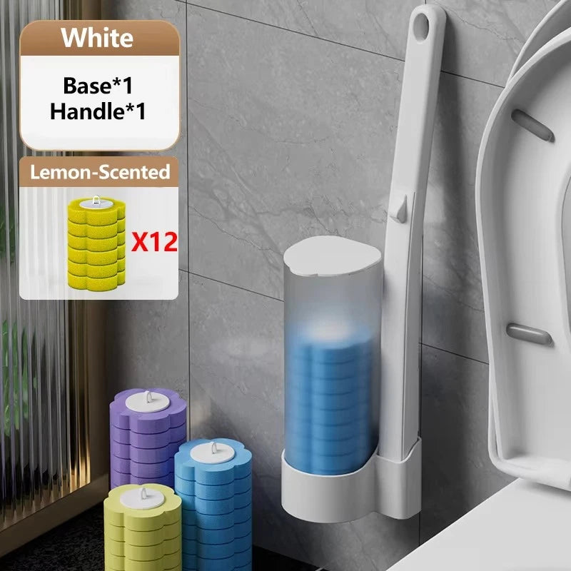 Wall-mounted disposable toilet brush set with white base and lemon-scented replacement heads in various colors