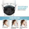 Black adjustable nose wire face mask shown on a white mannequin head with usage instructions.