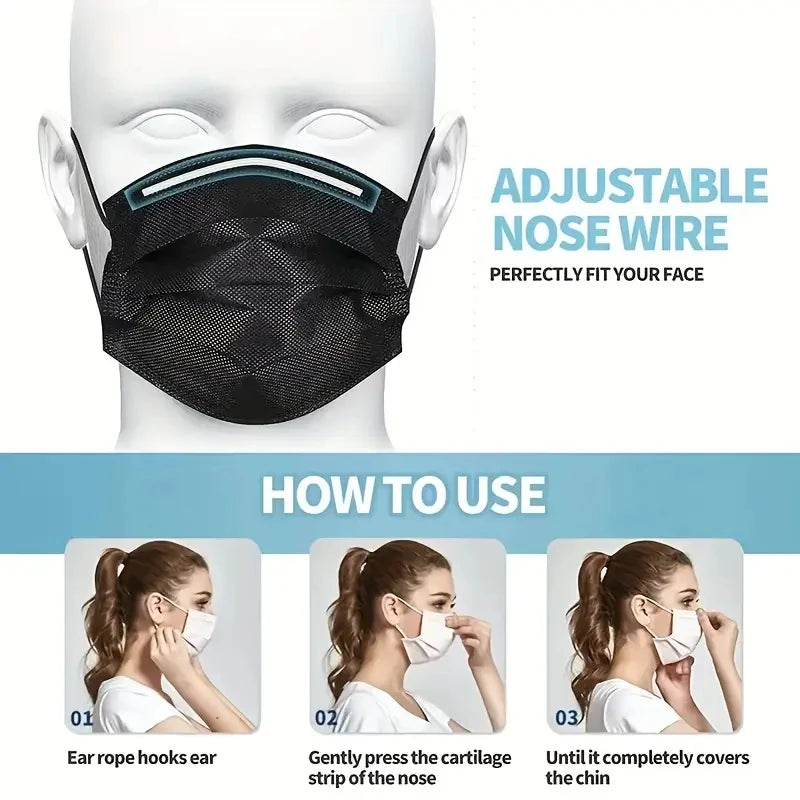 Black adjustable nose wire face mask shown on a white mannequin head with usage instructions.