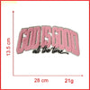 Pink chenille iron-on patch embroidered with the text God Is Good all the time