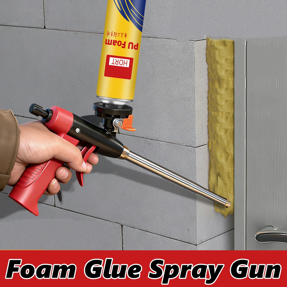 A hand is using a red foam glue spray gun to apply PU foam on a gray wall surface.