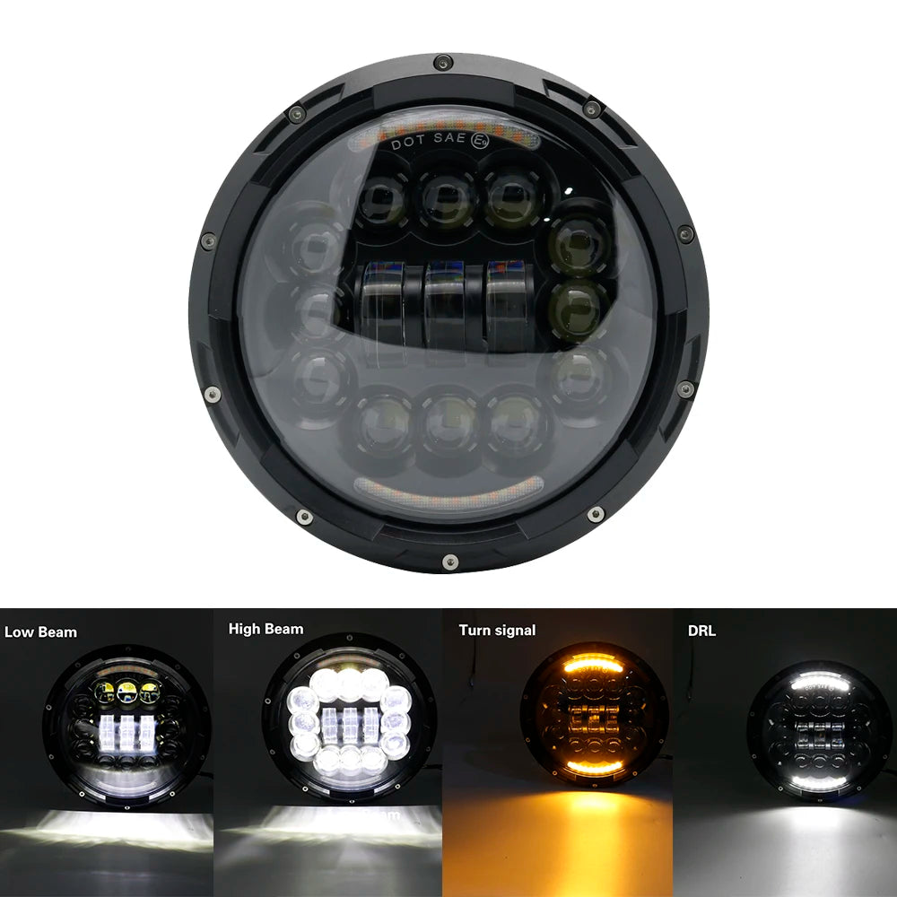 A 7-inch motorcycle LED headlight featuring angel eyes and DRL modes shown in various light settings.