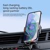 A black phone holder with a smartphone is shown mounted in a car vent, demonstrating fast charging capabilities.