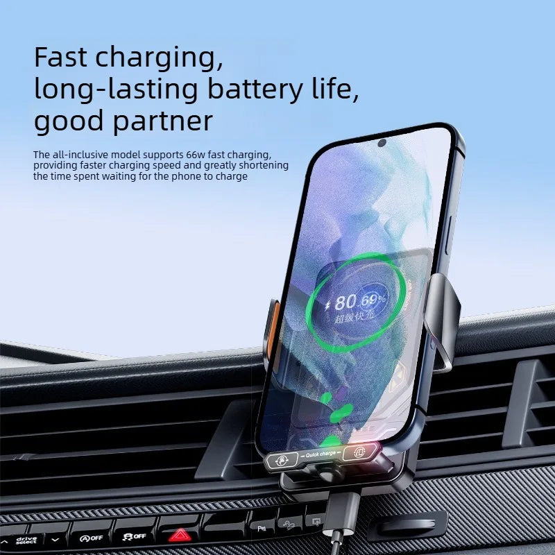 A black phone holder with a smartphone is shown mounted in a car vent, demonstrating fast charging capabilities.