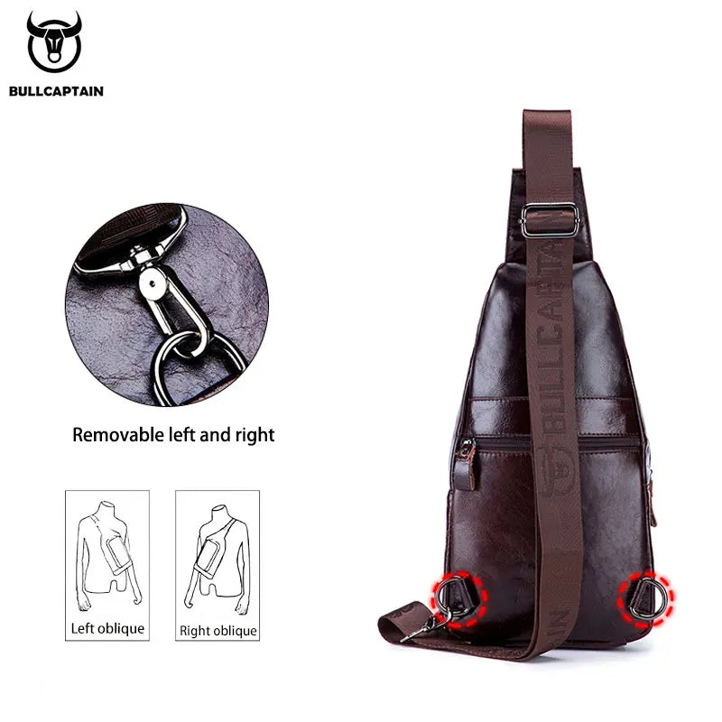A brown leather chest bag with a removable strap and laptop compartment shown in various angles.